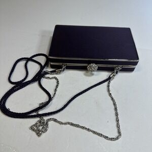 Lulu Townsend  Satin Box Evening Bag/Clutch Rhinestone Clasp Dark Purple 4x7x1.5